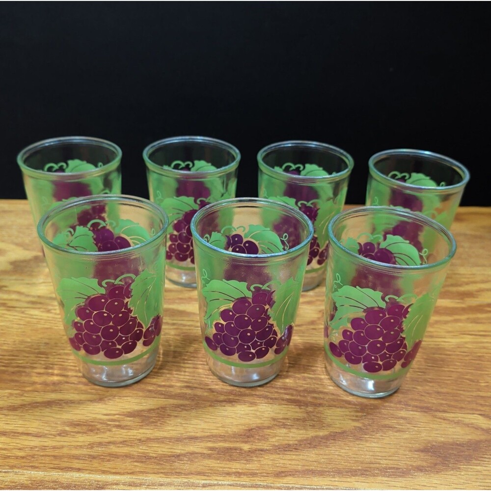 Vintage Purple Grape & Green Leaves 12 oz Tumblers Drinking Glasses - Set of 7